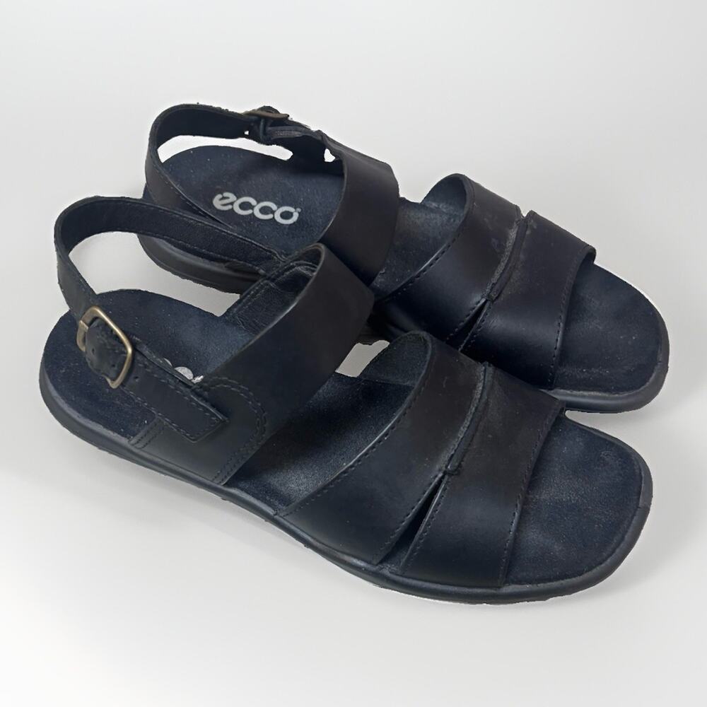 ECCO Womens 37 Black Leather Comfort Sandals Slingback Adjustable Strap